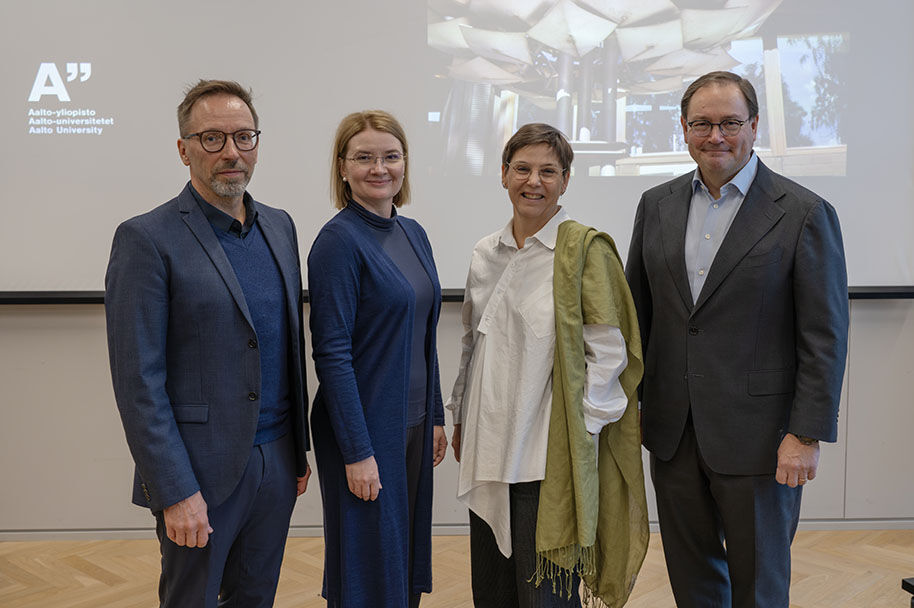 Aalto Pioneering Excellence Award committee: Risto Rajala (left), Tua Björklund, Tuuli Mattelmäki and Veli-Matti Mattila. Photo: Roope Kiviranta